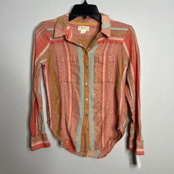 Maeve Anthropologie Calipatria Pink Peach Striped Blouse Button Front Woven Sz 6 - Picture 2 of 5
